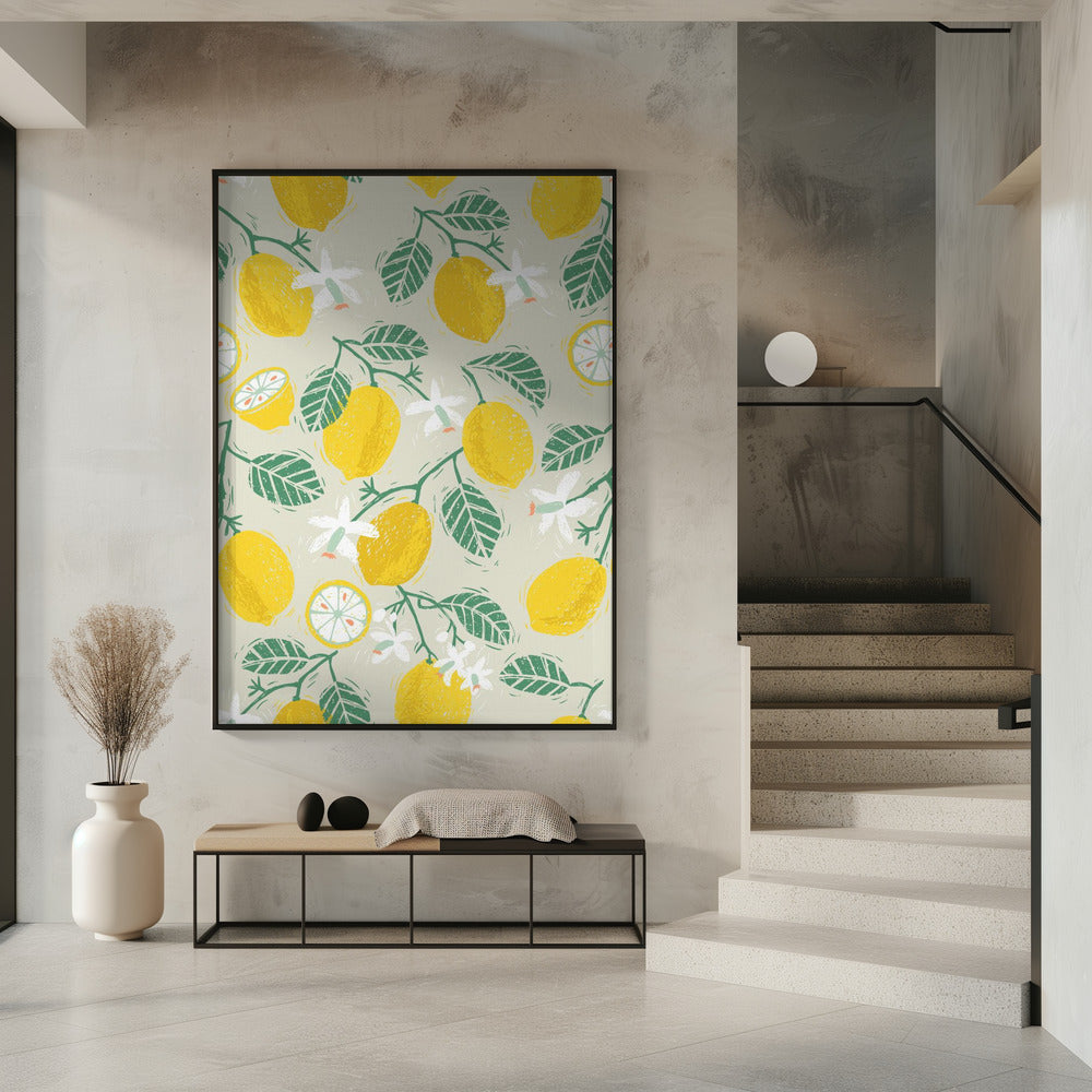 Gele citroen en groene bladeren | Poster