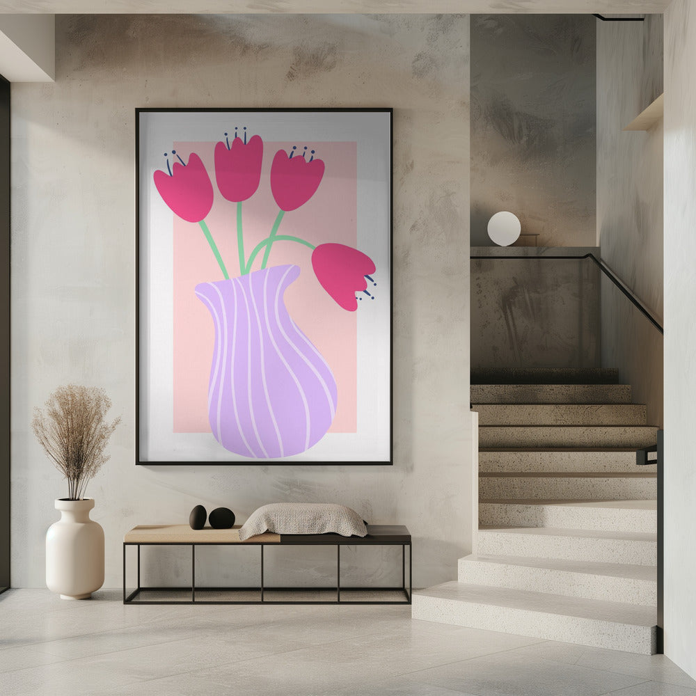 Levendige tulpen in een gestreepte lavendelvaas | Poster