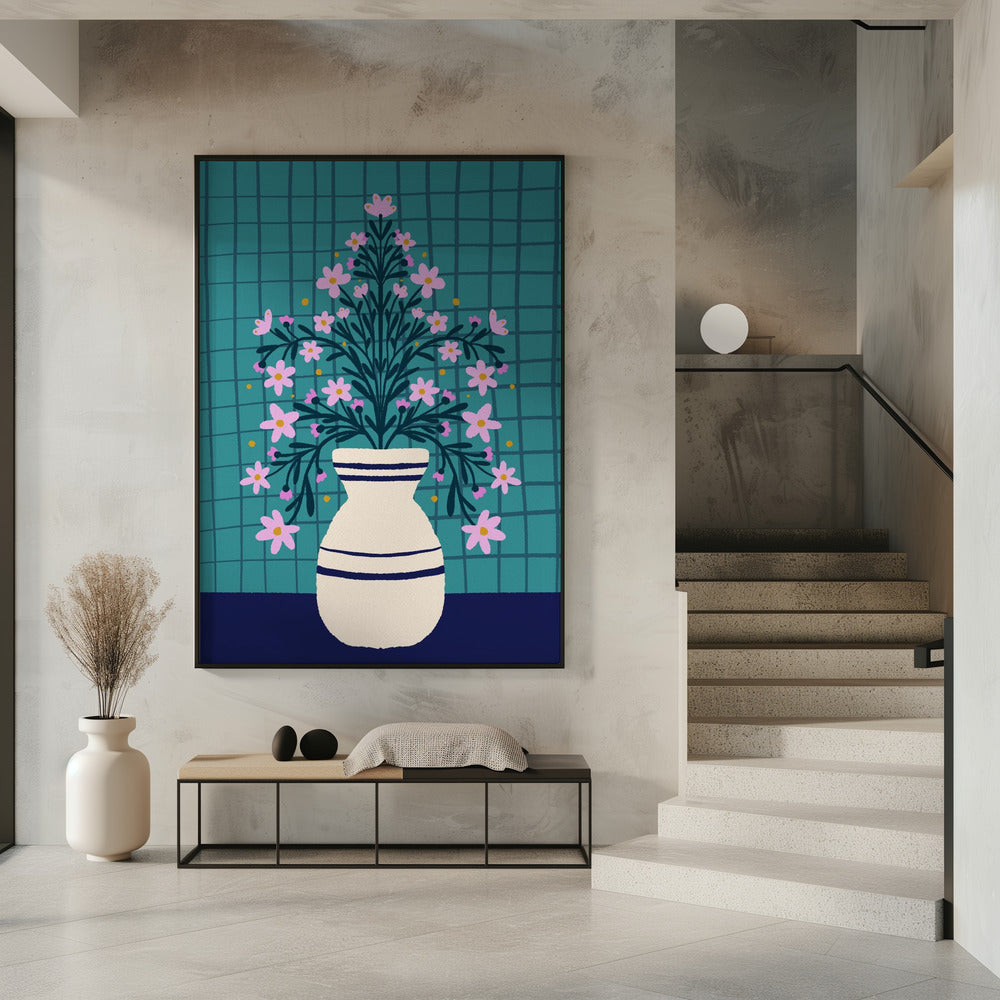 Turquoise bloemen in een vaas | Poster