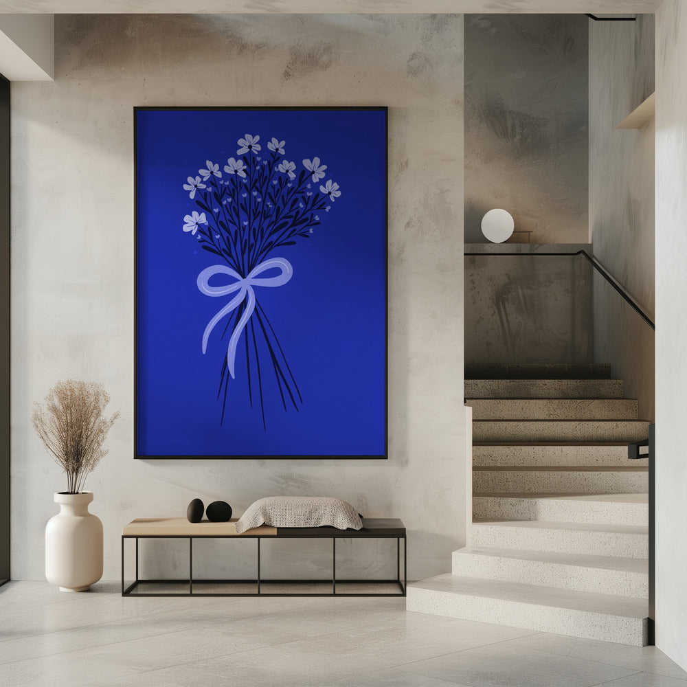 Floral Bouquet With Bow - monochrome blue | Poster