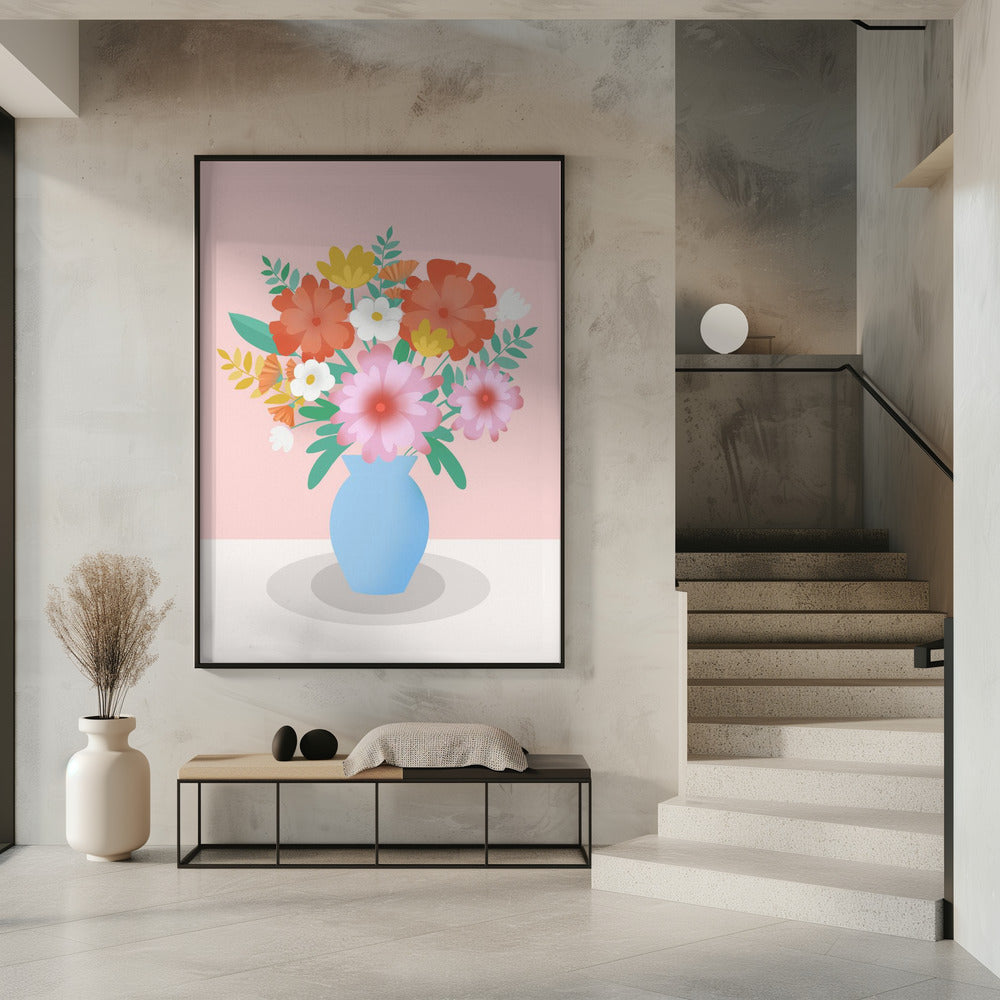 Levendig boeket bloemen in een blauwe vaas | Poster