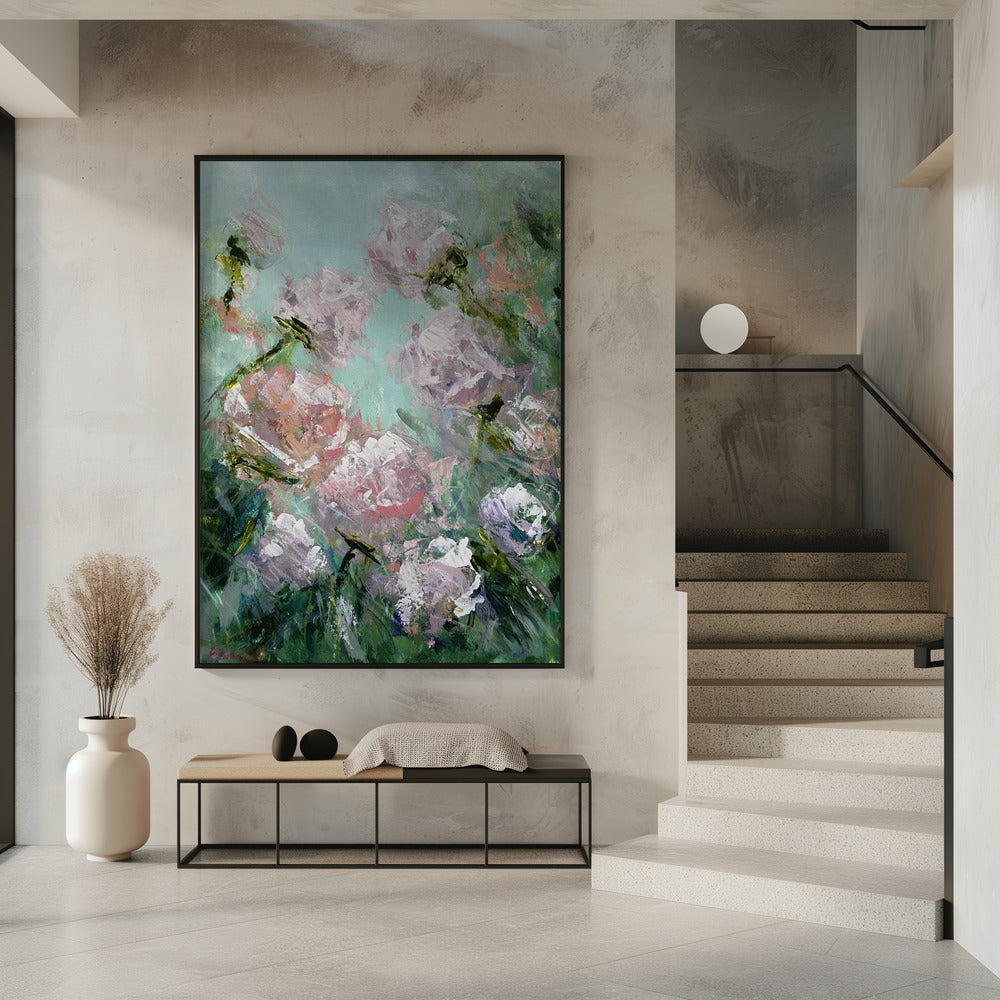 Bloemenpenseelstreken in roze en groen | Poster