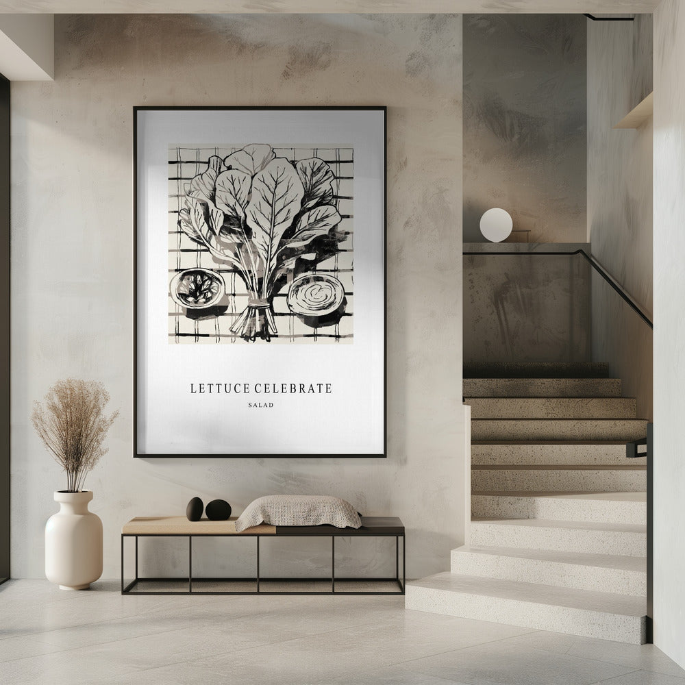 Zwart-witte inktillustratie van salade-ingrediënten | Poster