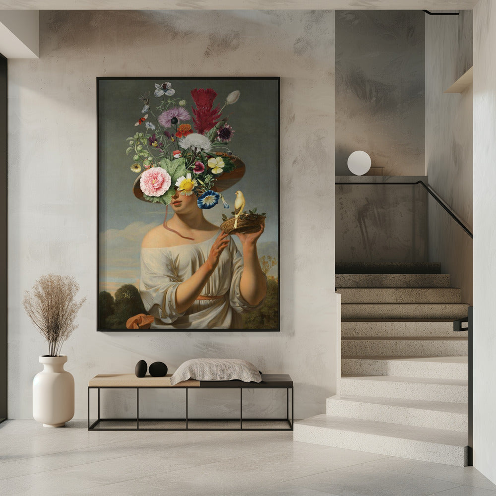 Vrouw met een grote bloemenhoed | Poster