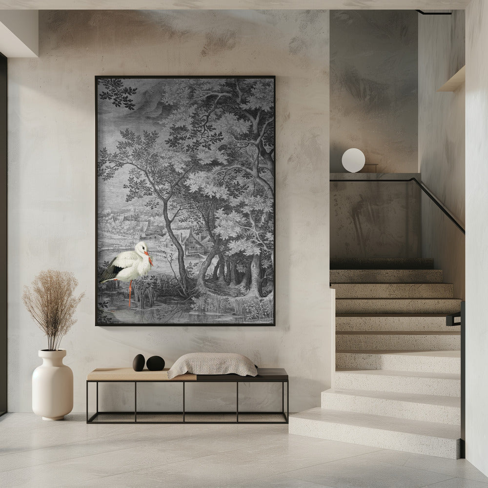 Vintage landschap met ooievaar | Poster