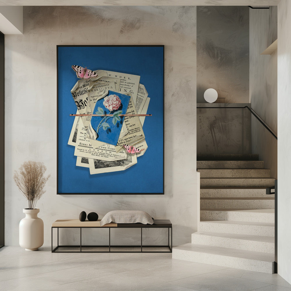 Roze roos omringd door vintage papier | Poster