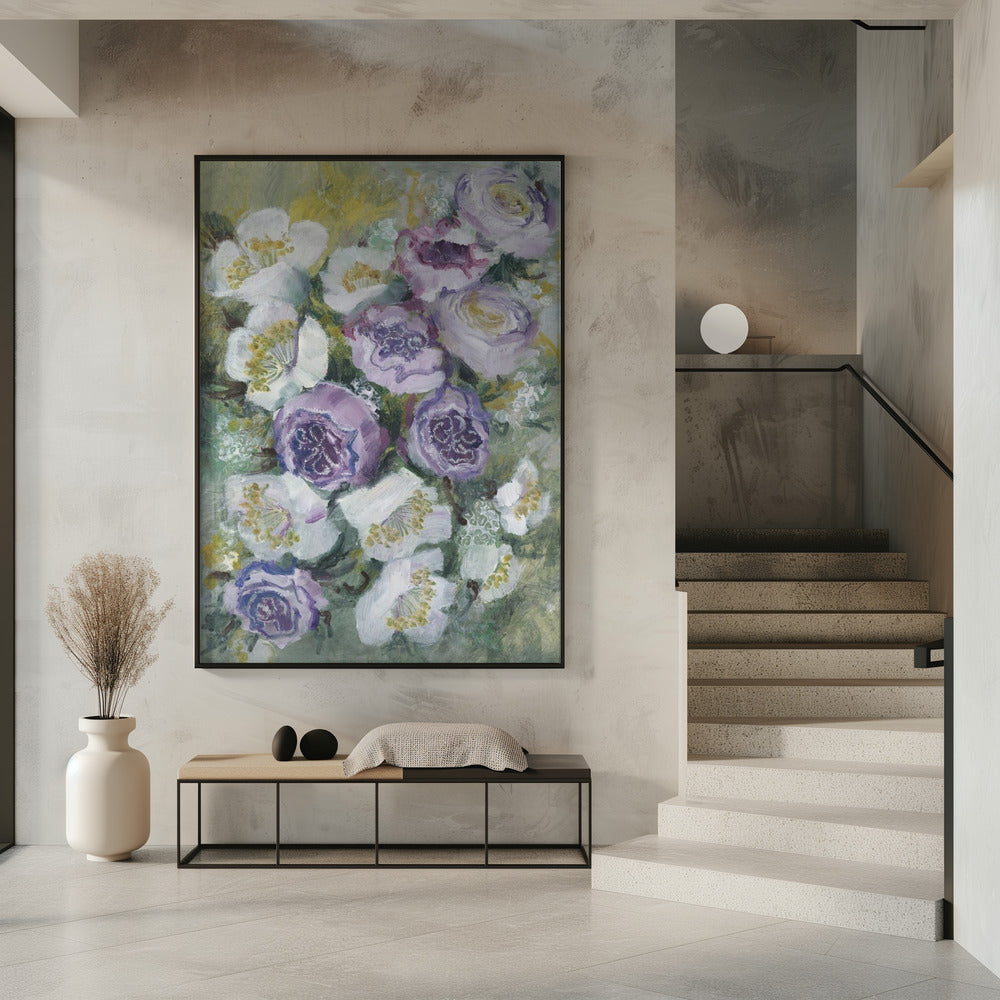 Bloemencompositie met witte en paarse bloemen | Poster