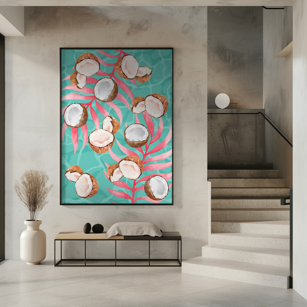 Pink Tropical Coconut & Palm Leaves Aesthetic Pattern - Modern watercolor | Poster