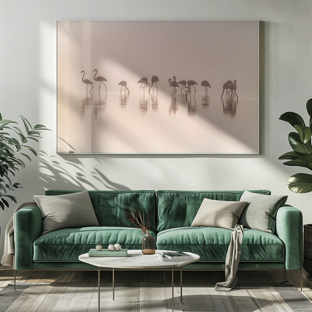 Flamingo's in de mist | Canvas