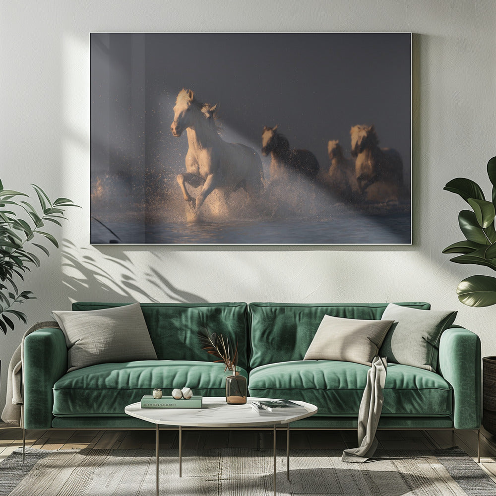 paarden in zonsonderganglicht | Canvas