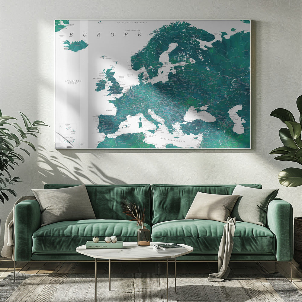Blauwe gedetailleerde kaart van Europa | Canvas