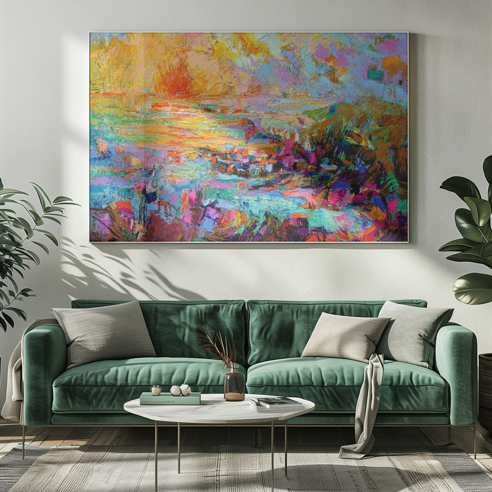 Zonsondergang boven een levendig landschap | Canvas