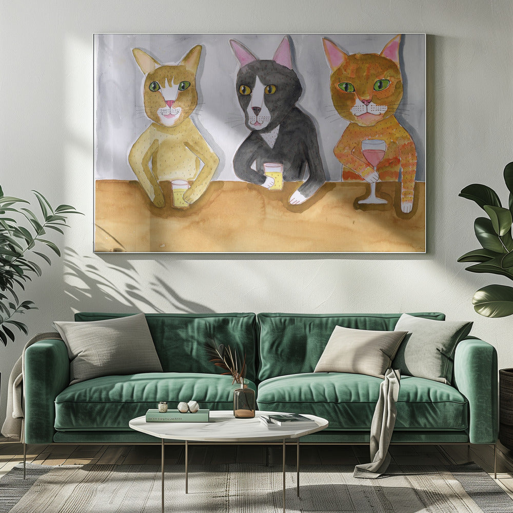Drie katten aan de bar | Canvas
