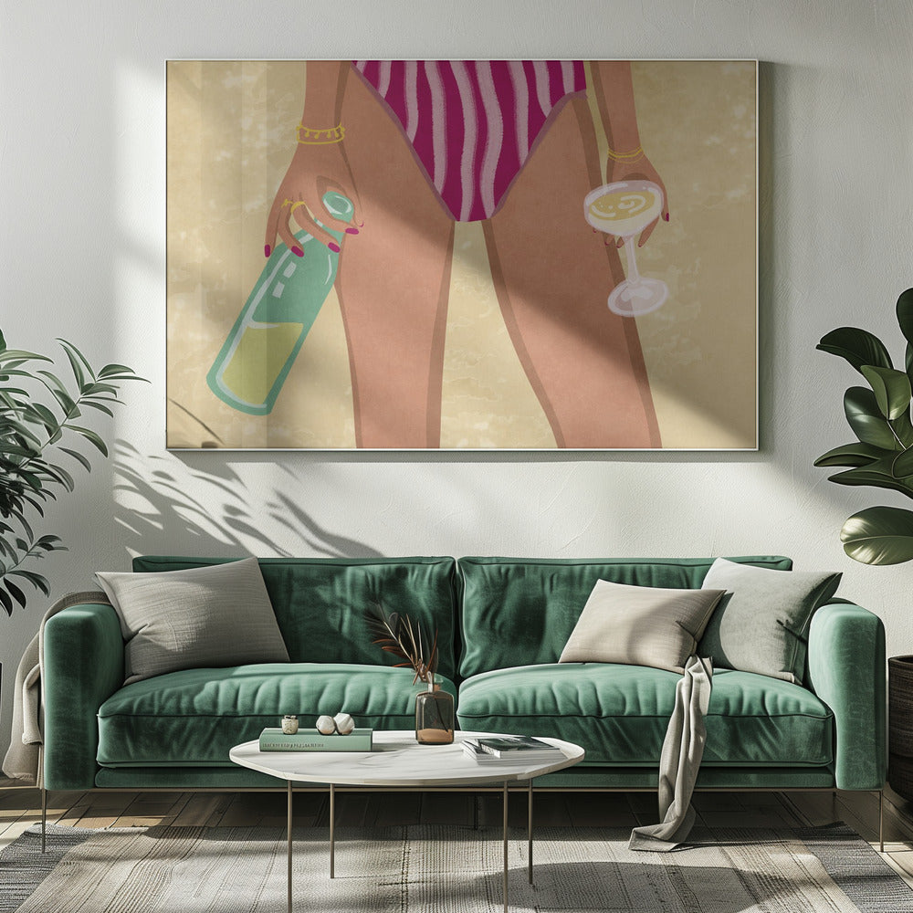 Meisje met wijn op het strand | Canvas