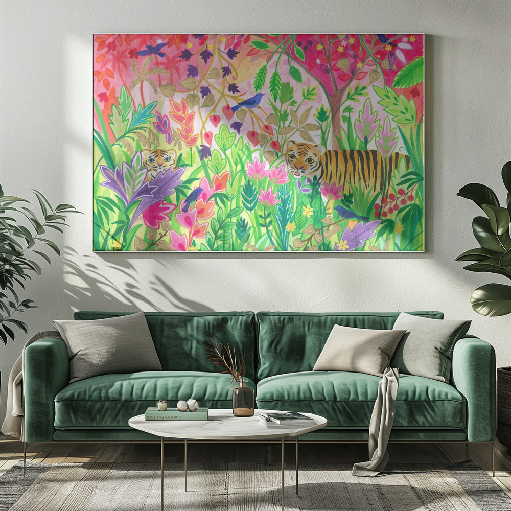 Jungle schilderij met weelderig gebladerte en exotische dieren | Canvas