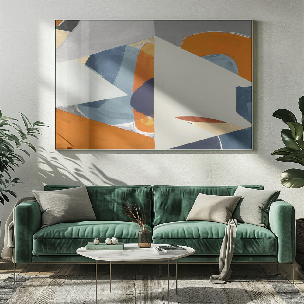 Oranje, blauwgrijze abstracte kunstdruk | Canvas