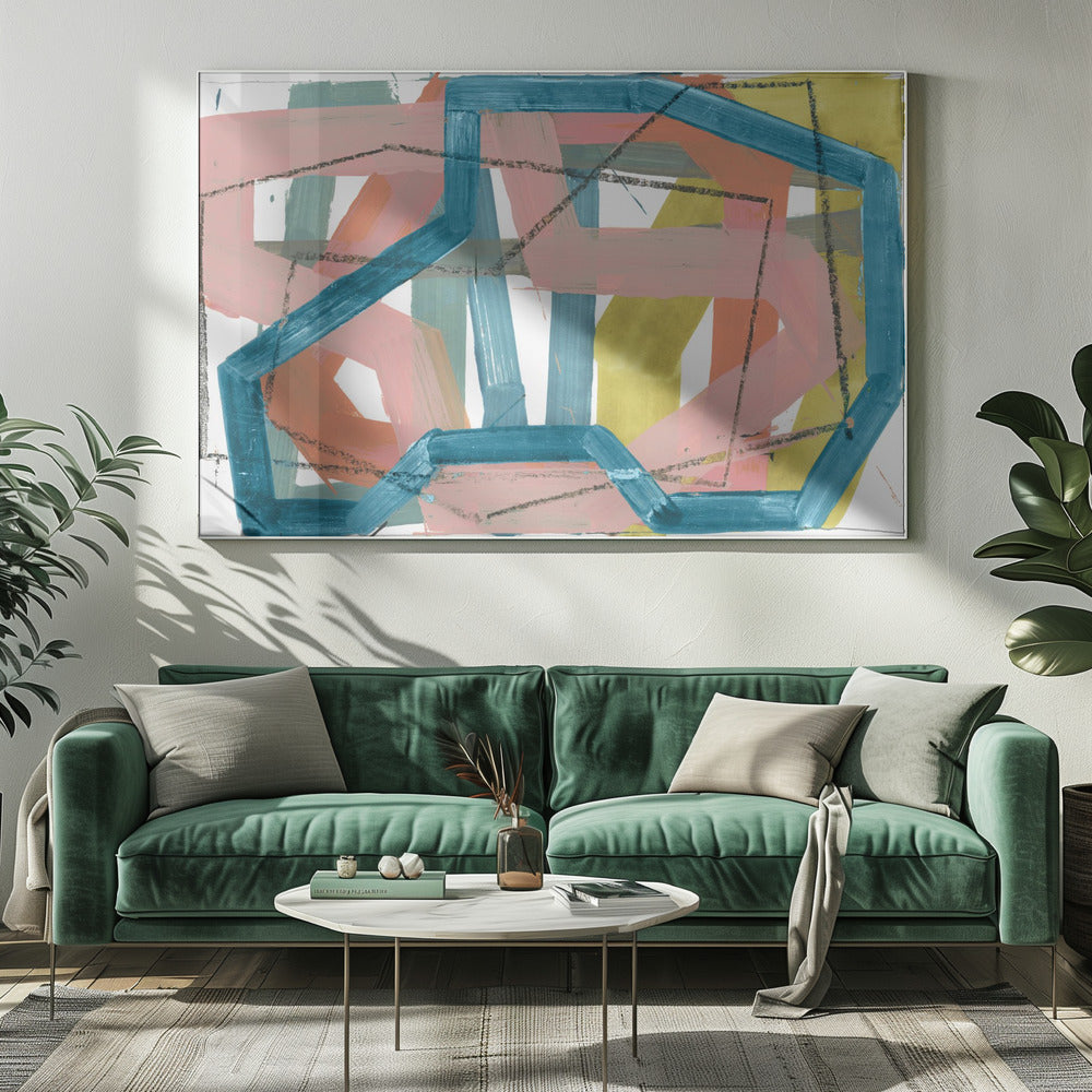 Blauwe en roze abstracte lijnen kunstdruk | Canvas