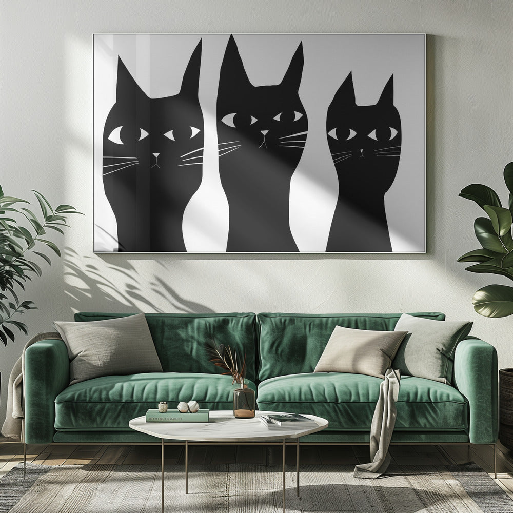 Drie zwarte katten kijken kat | Canvas