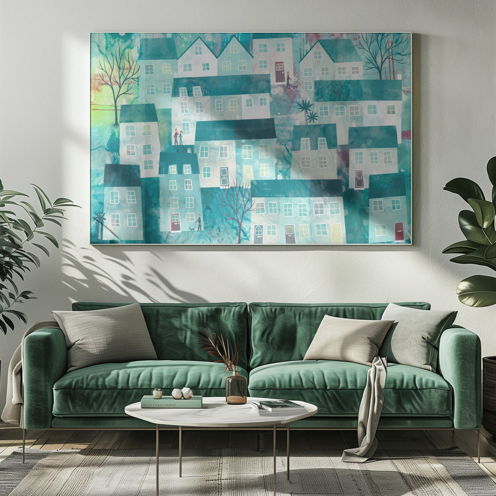 Speels dorpsgezicht met gestileerde huizen | Canvas