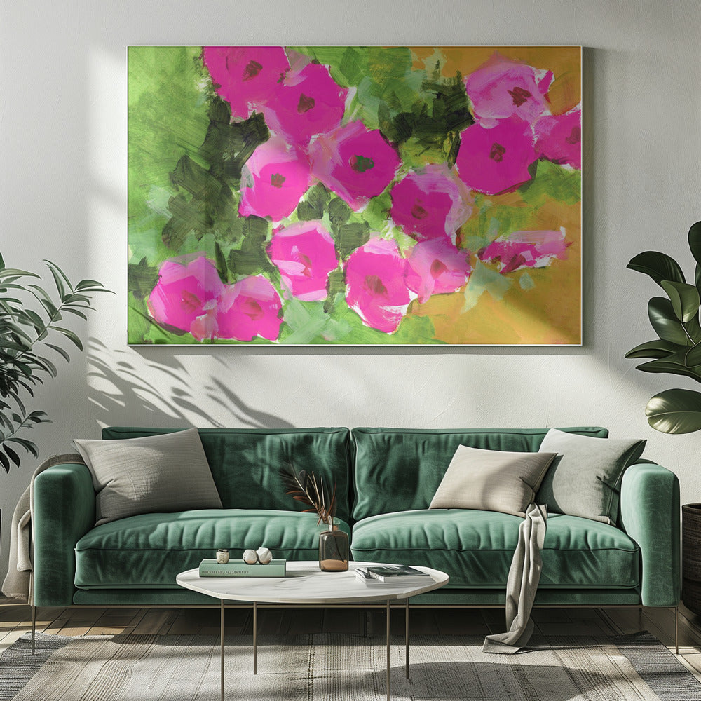 Levendige roze bloemen en weelderige groene bladeren | Canvas