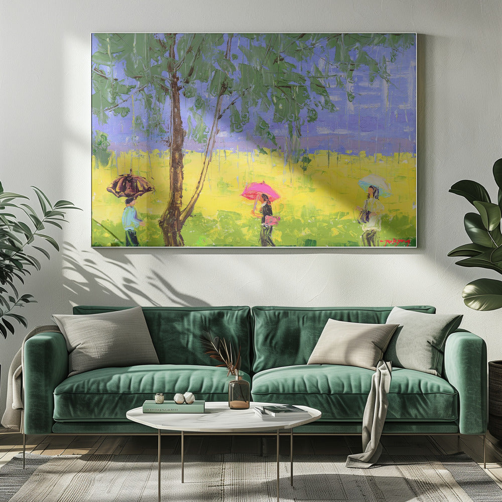 Landschap met koolzaadbloemen op een regenachtige dag | Canvas