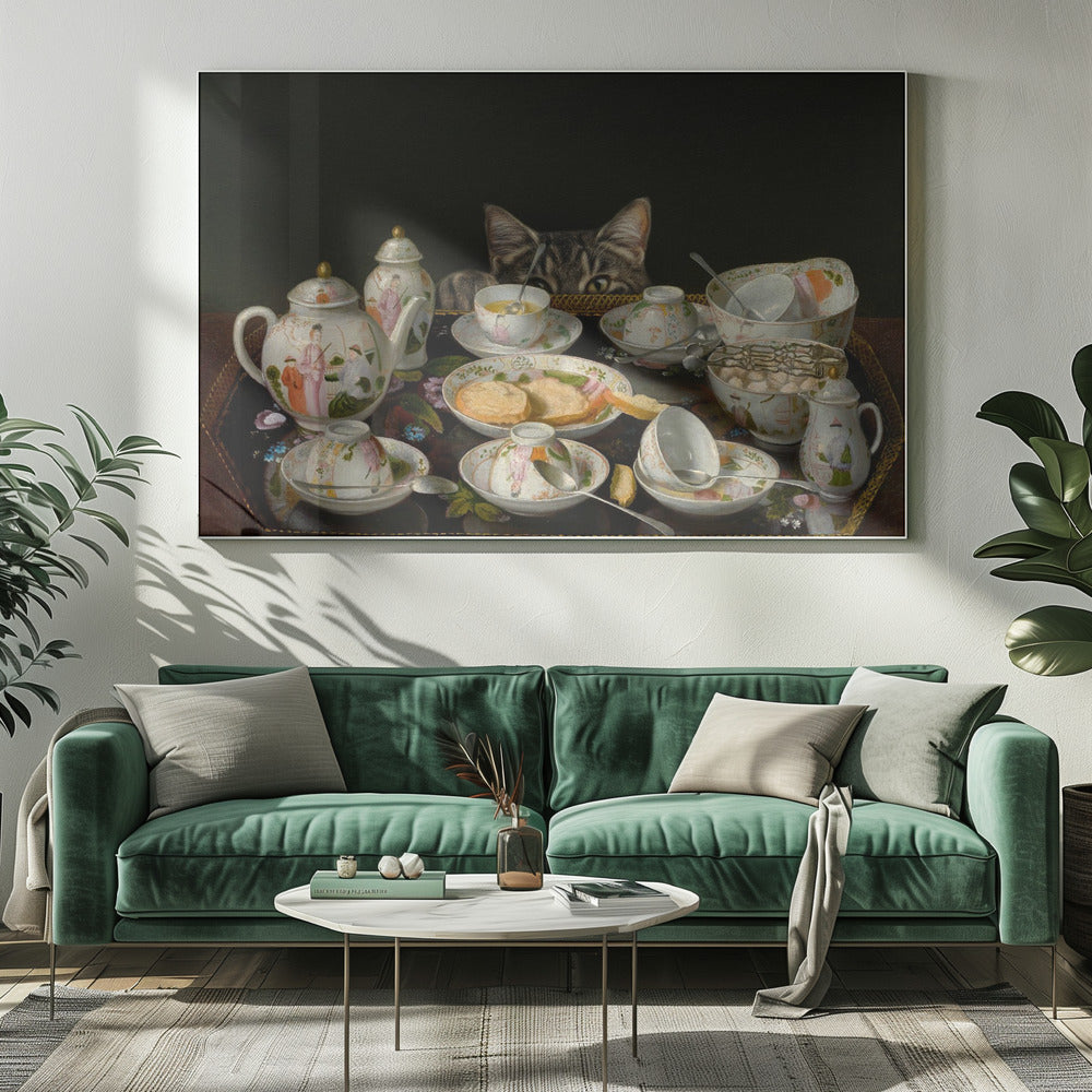 Een theeservies met een kat | Canvas