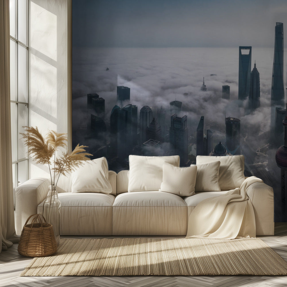 Shanghai in de mist van bovenaf | Behang