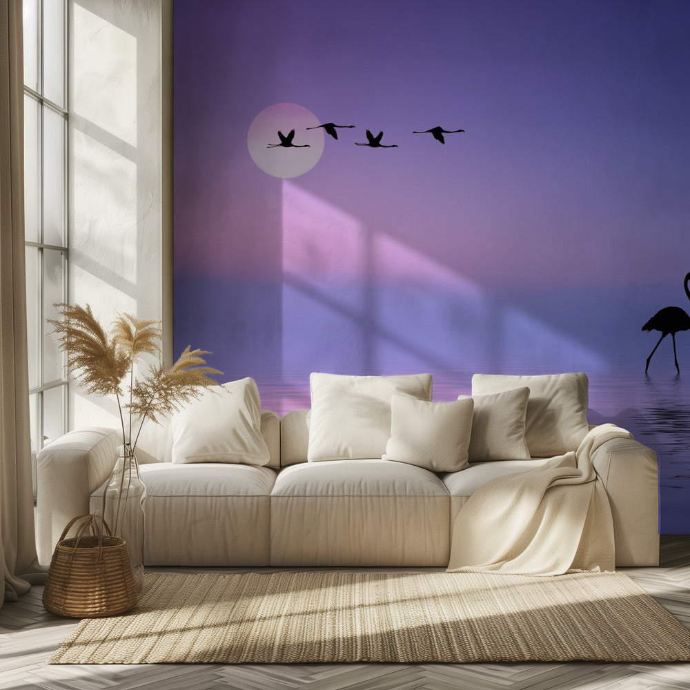 Vliegende flamingo | Behang
