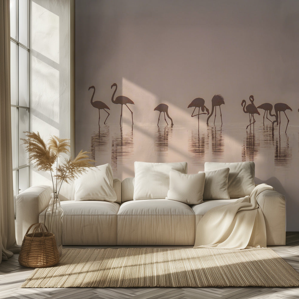 Flamingo's in de mist | Behang