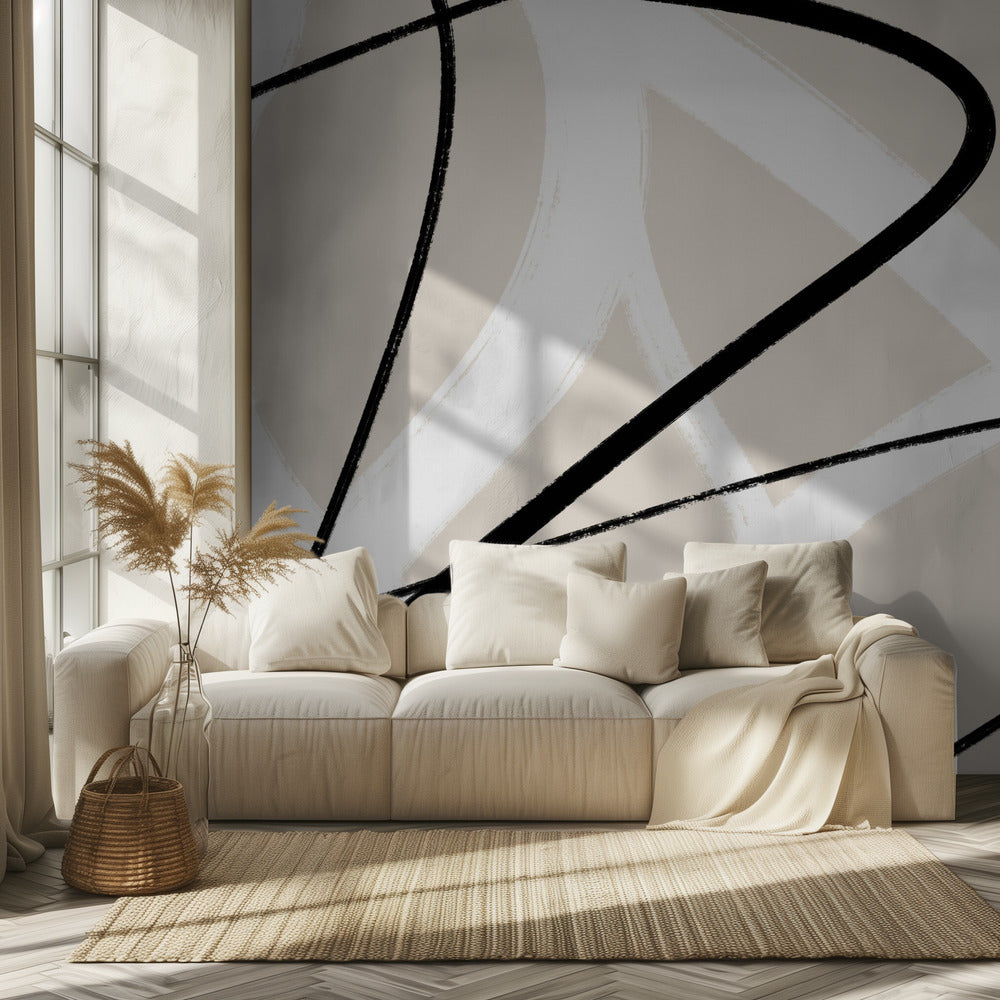 Zwarte lijnen op een neutrale beige achtergrond | Behang
