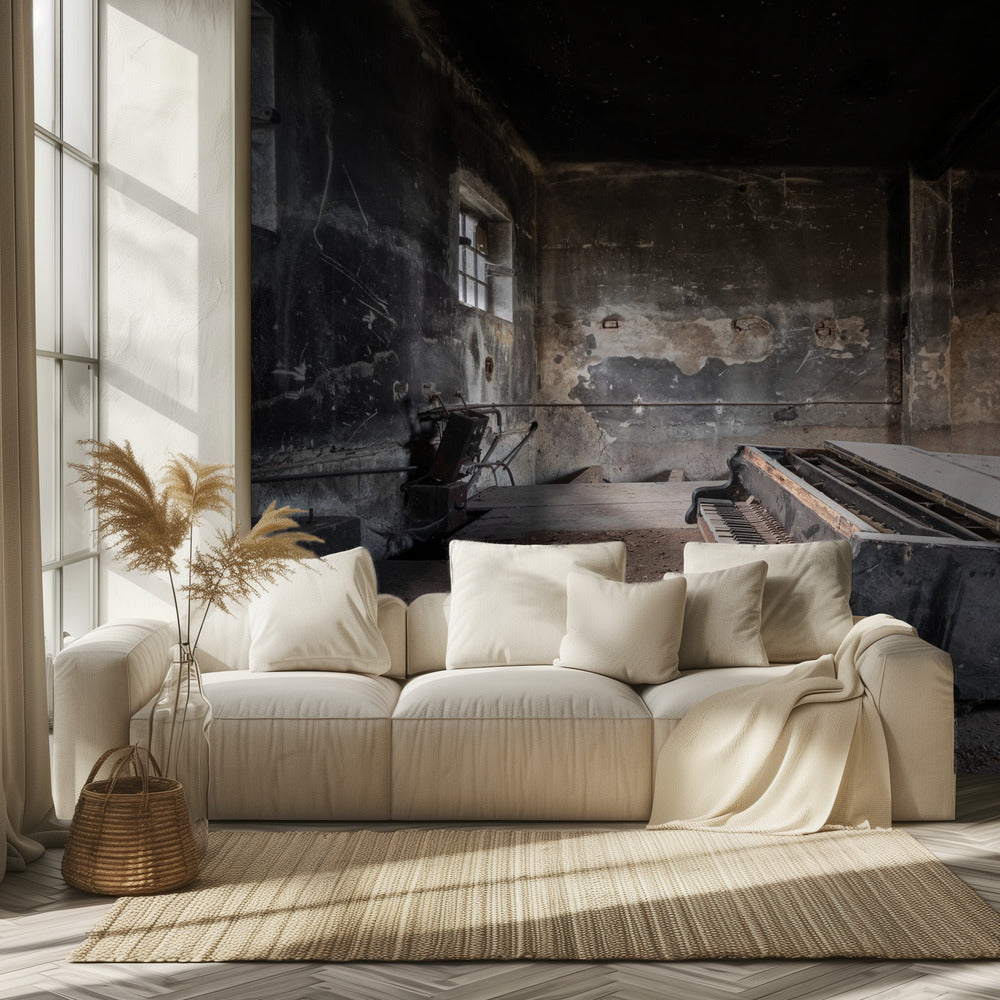 Piano in verbrande garage | Behang