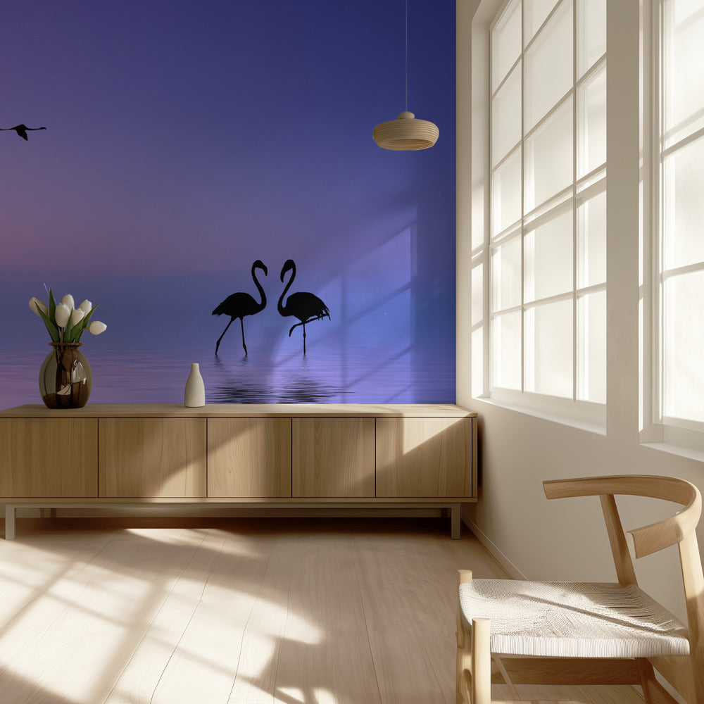Vliegende flamingo | Behang