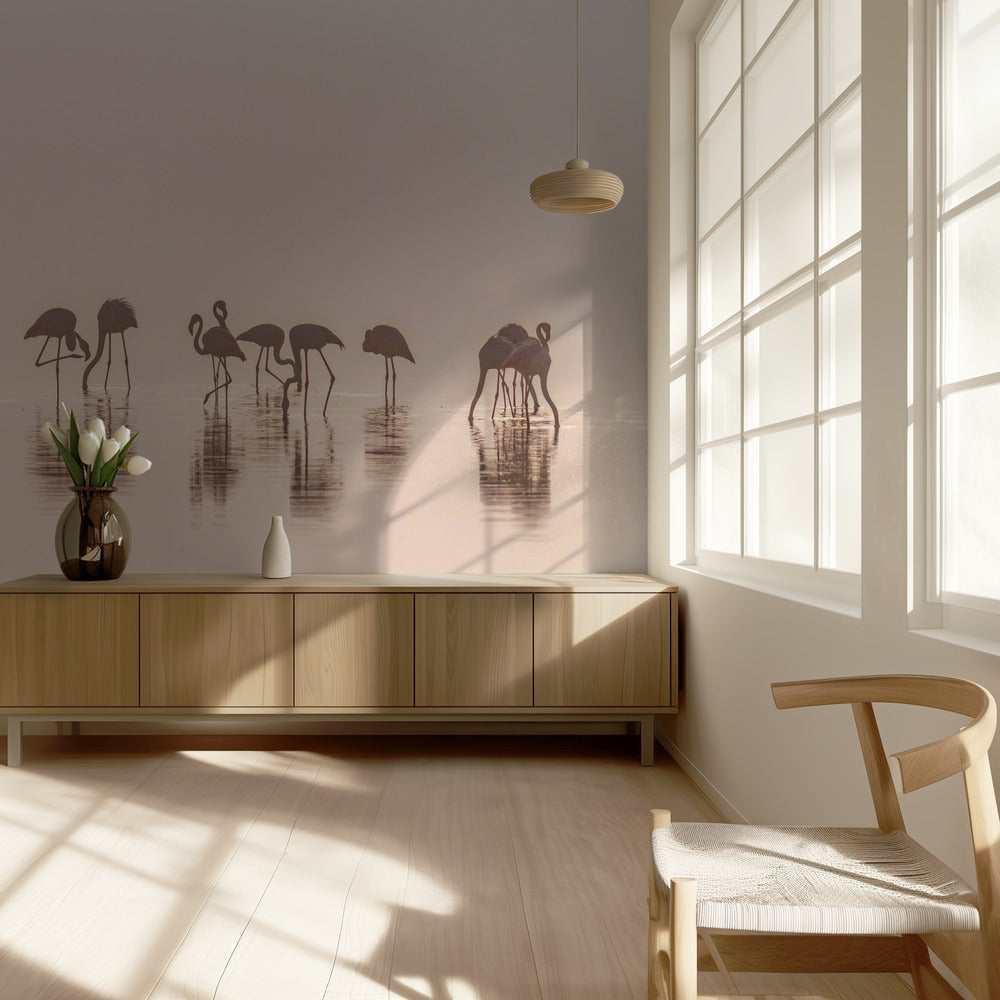 Flamingo's in de mist | Behang