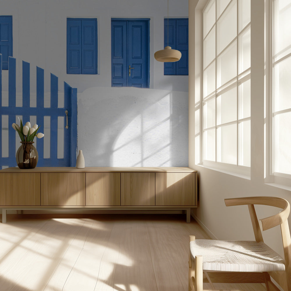 witkalk en blauwe verf | Behang