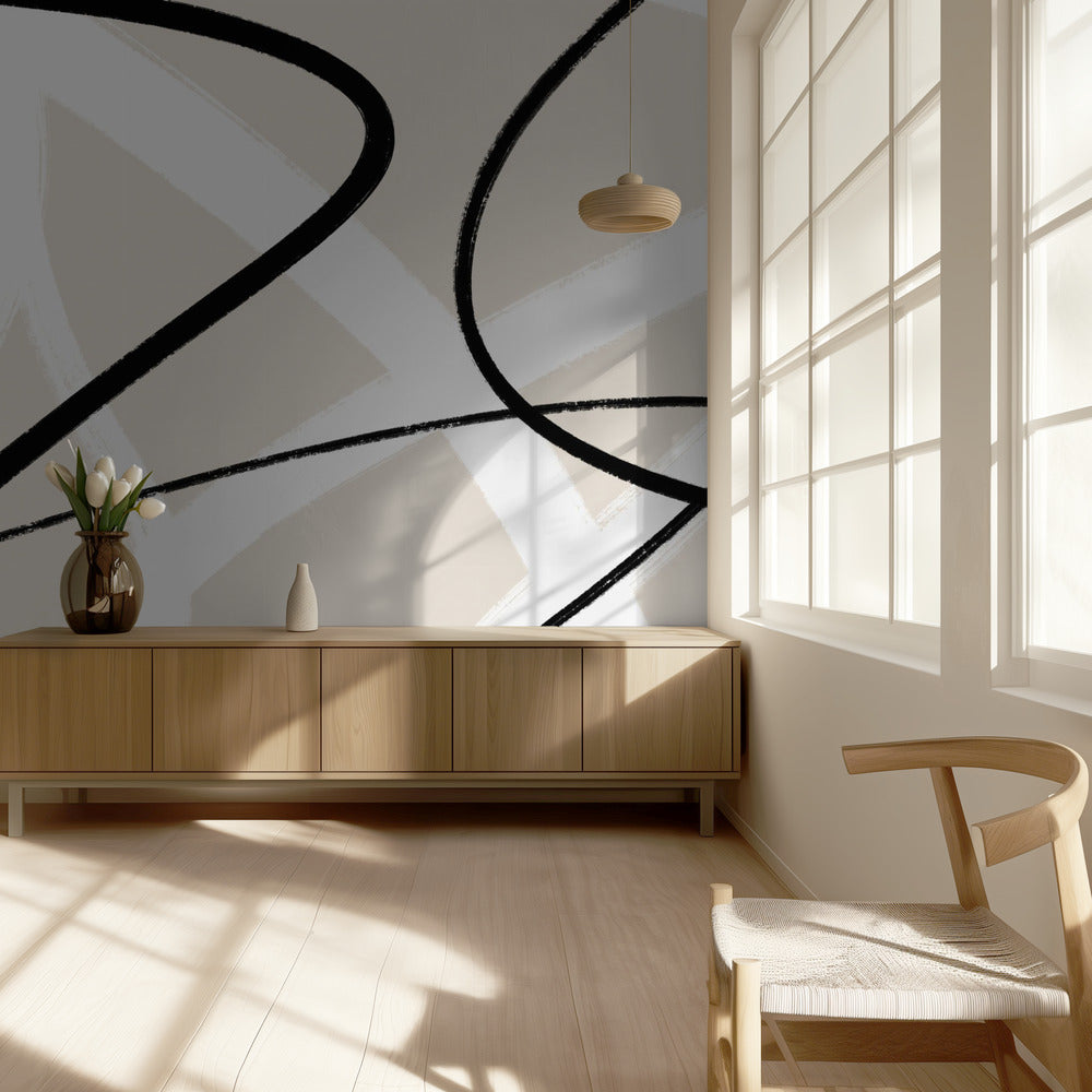 Zwarte lijnen op een neutrale beige achtergrond | Behang