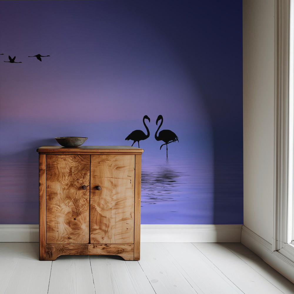 Vliegende flamingo | Behang