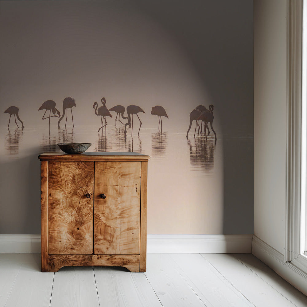 Flamingo's in de mist | Behang