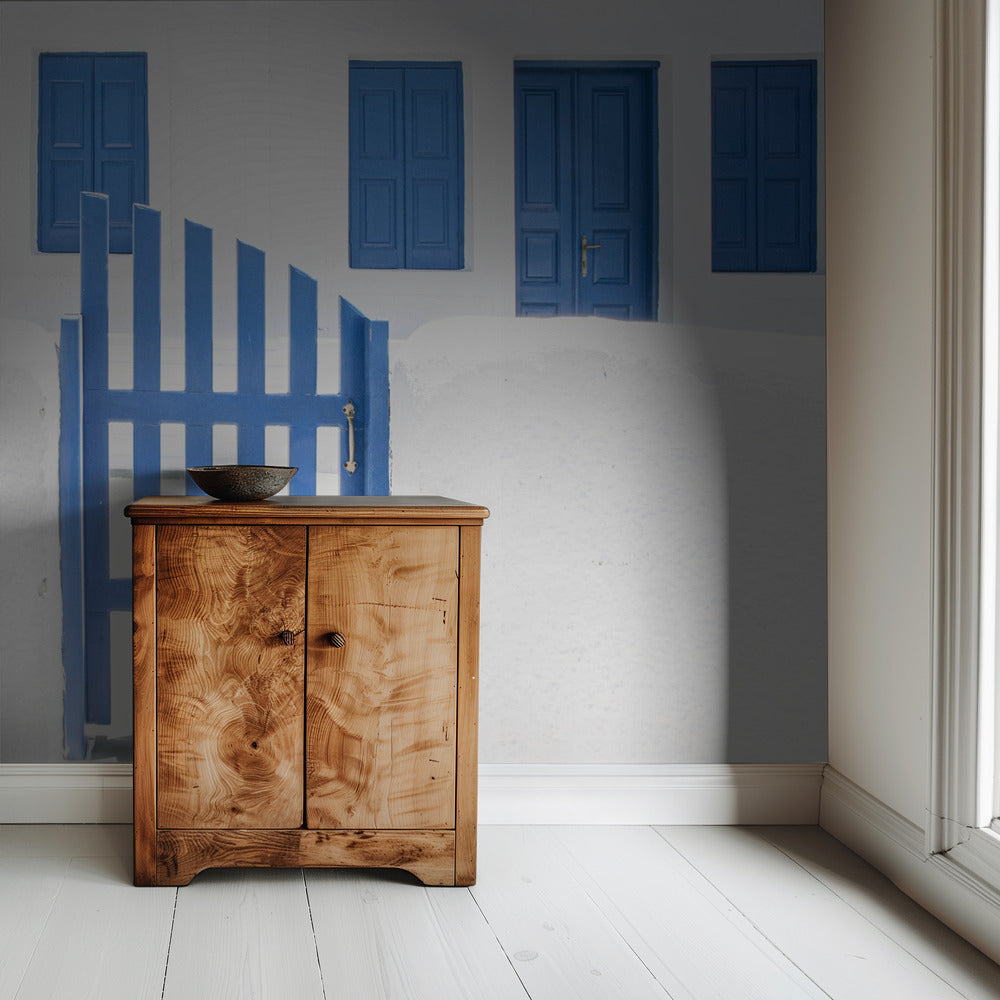 witkalk en blauwe verf | Behang