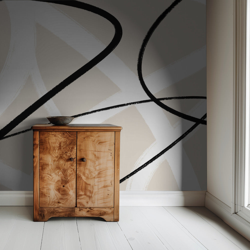 Zwarte lijnen op een neutrale beige achtergrond | Behang
