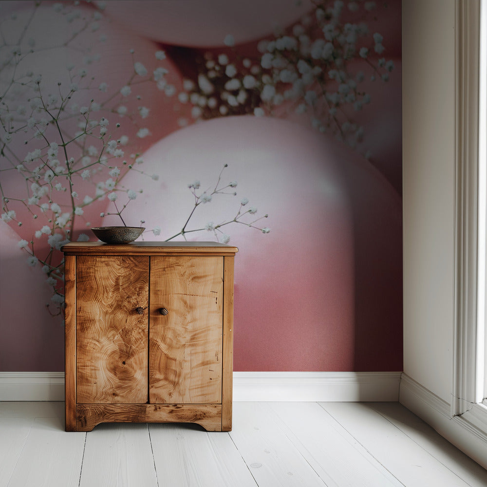 Roze ballonnen met bloem | Behang