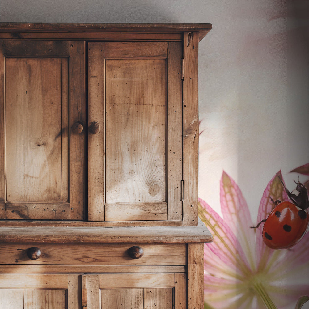 Lieveheersbeestje en roze bloemen | Behang