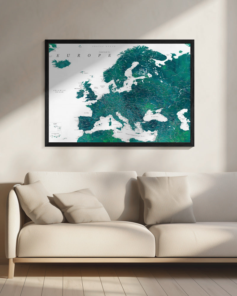 Blauwe gedetailleerde kaart van Europa | Canvas