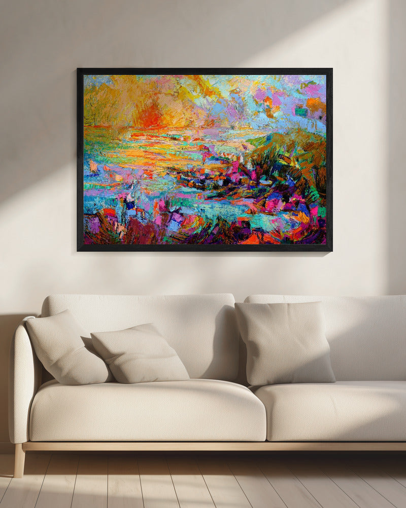 Zonsondergang boven een levendig landschap | Canvas