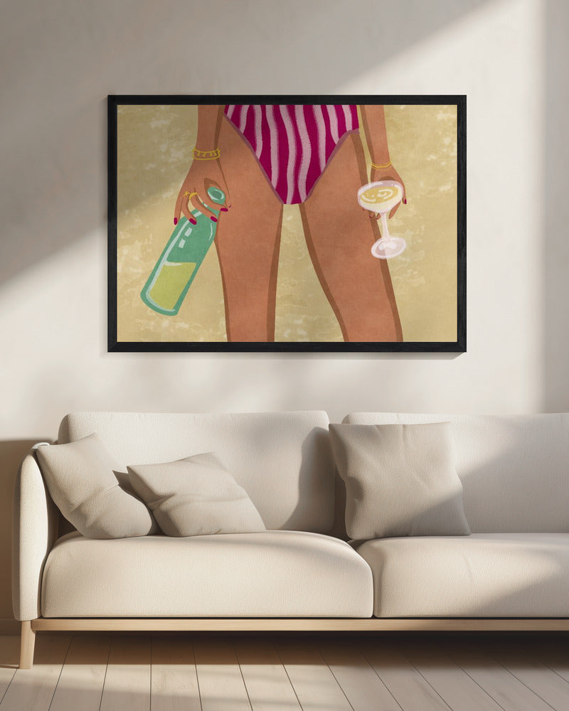 Meisje met wijn op het strand | Canvas