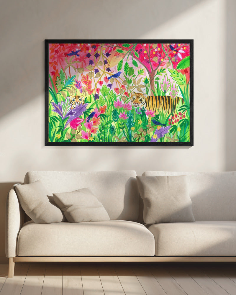 Jungle schilderij met weelderig gebladerte en exotische dieren | Canvas