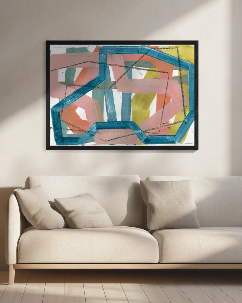 Blauwe en roze abstracte lijnen kunstdruk | Canvas