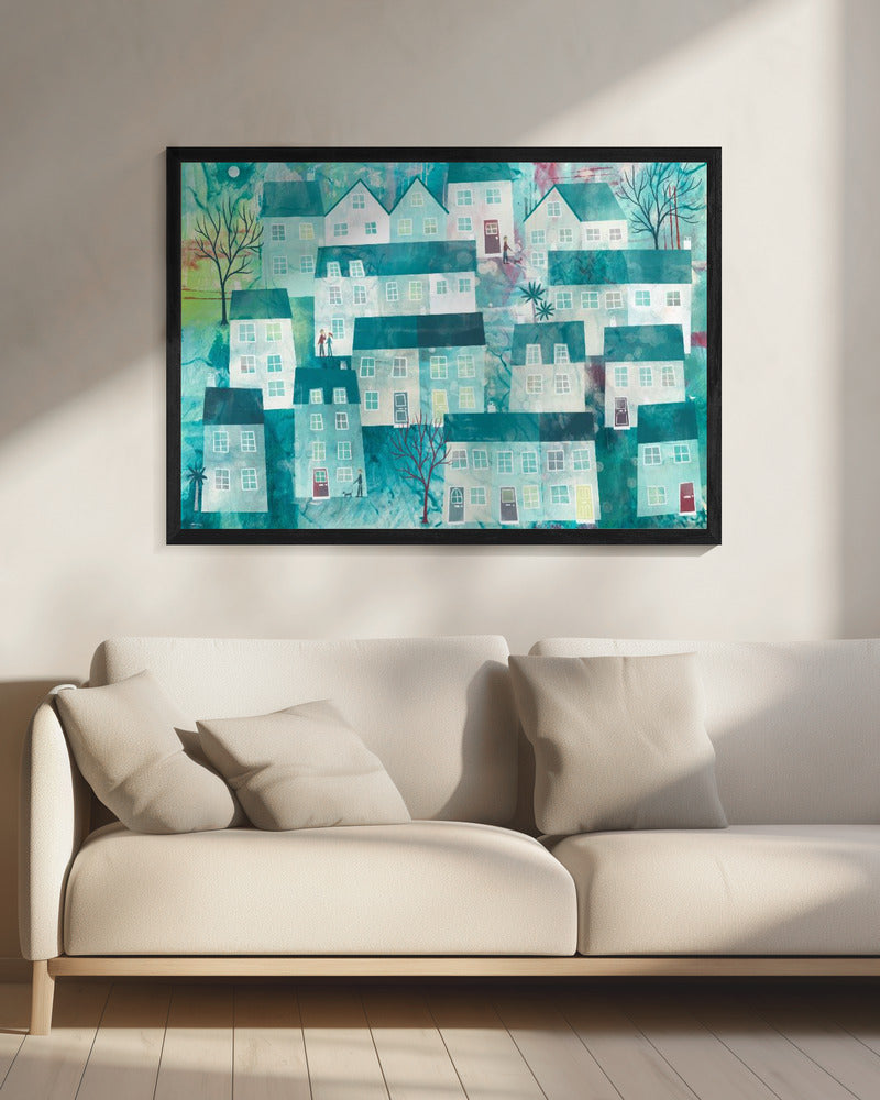 Speels dorpsgezicht met gestileerde huizen | Canvas