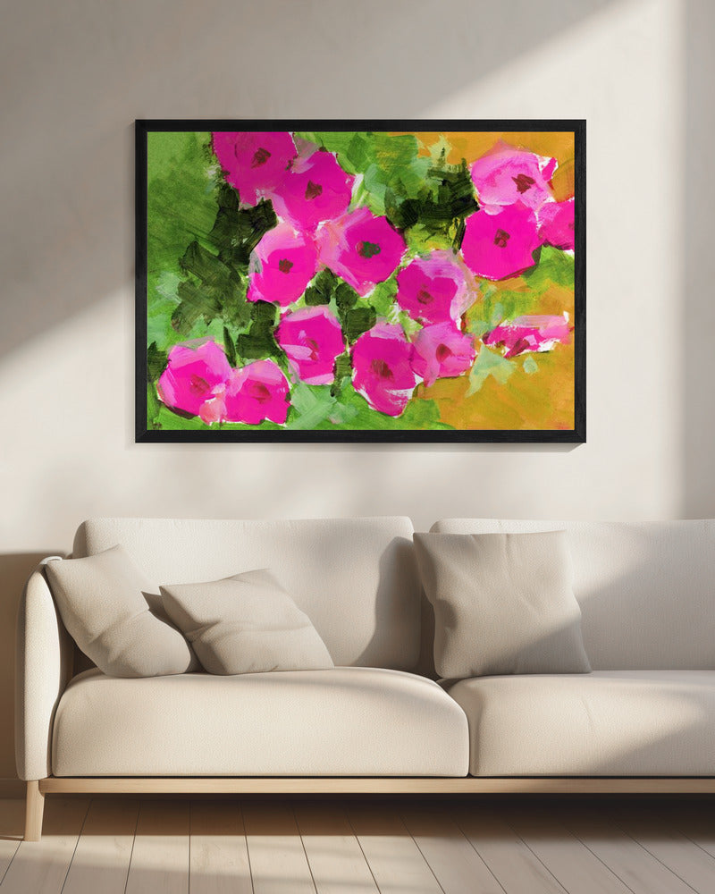 Levendige roze bloemen en weelderige groene bladeren | Canvas