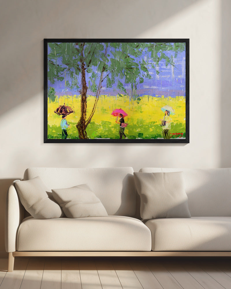 Landschap met koolzaadbloemen op een regenachtige dag | Canvas