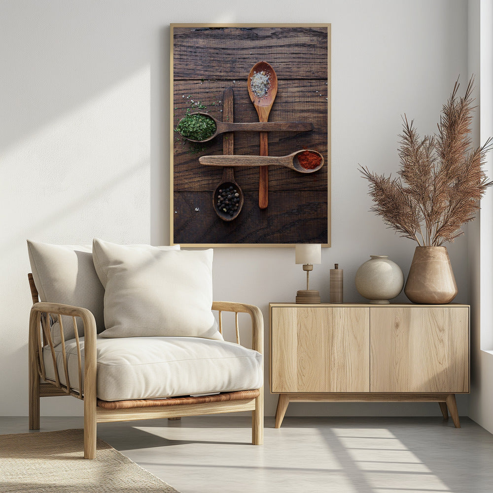 Houten lepels met kleurrijke kruiden | Poster